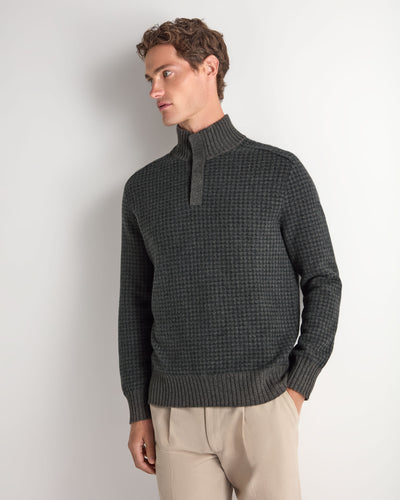 N.Peal Men's Houndstooth Half Button Cashmere Jumper Grey Moss