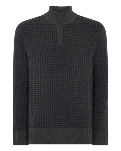 N.Peal Men's Houndstooth Half Button Cashmere Jumper Grey Moss