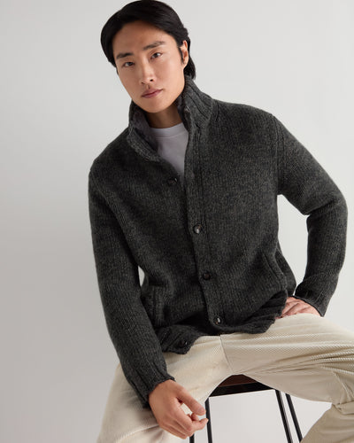 N.Peal Men's Cashmere Melange Button Cardigan With Fur Trim Grey Moss