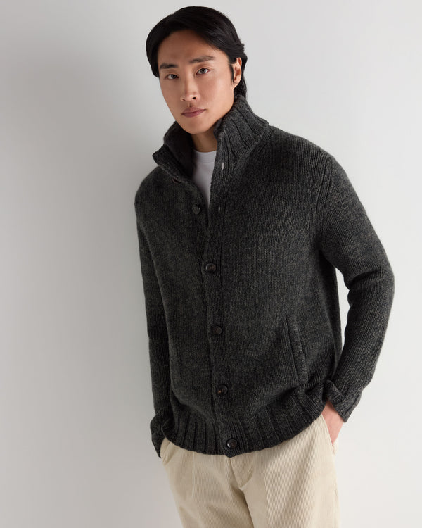 Men's Cashmere Melange Button Cardigan With Fur Trim  5