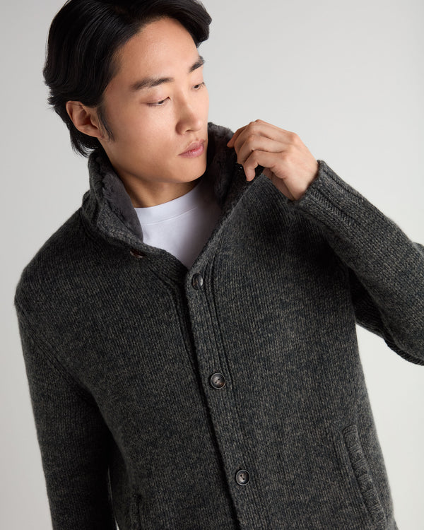 Men's Cashmere Melange Button Cardigan With Fur Trim  6