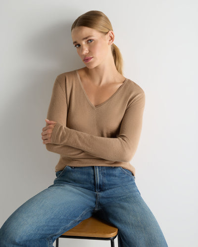 N.Peal Women's Imogen Superfine Cashmere V Neck Jumper Caramel Brown