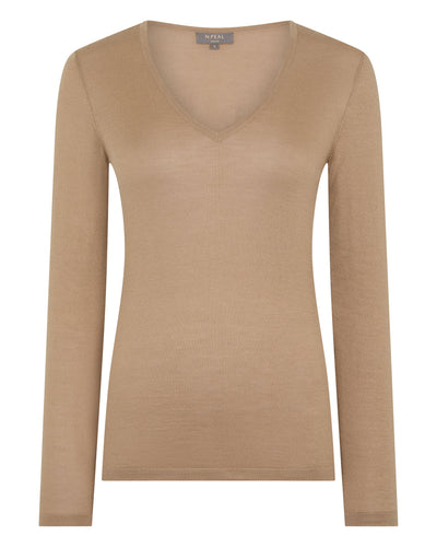N.Peal Women's Imogen Superfine Cashmere V Neck Jumper Caramel Brown