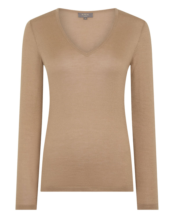 N.Peal Women's Imogen Superfine Cashmere V Neck Jumper Caramel Brown