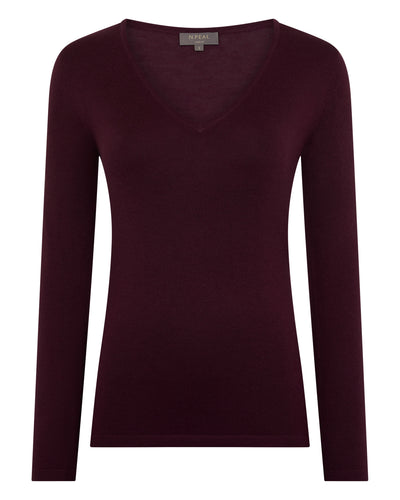 N.Peal Women's Imogen Superfine Cashmere V Neck Jumper Damson Red