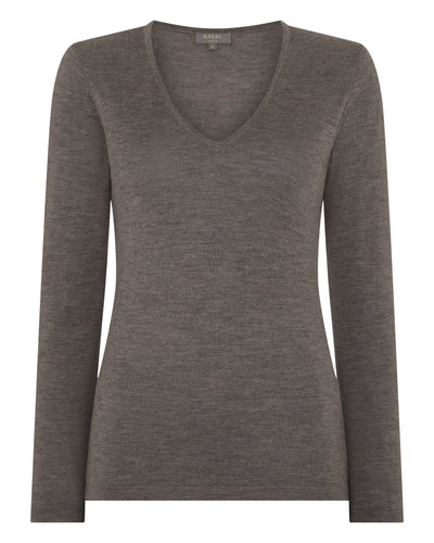 N.Peal Women's Imogen Superfine Cashmere V Neck Jumper Pecan Brown