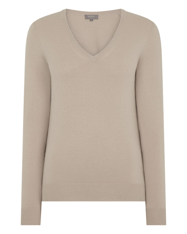 N.Peal Women's Phoebe V Neck Cashmere Jumper Cashew Brown