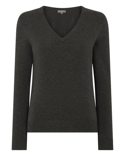 N.Peal Women's Phoebe V Neck Cashmere Jumper Grey Moss