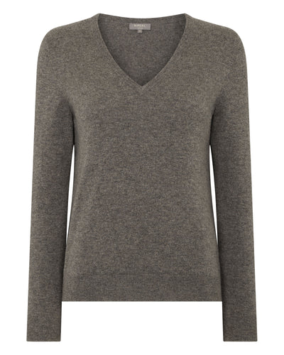 N.Peal Women's Phoebe V Neck Cashmere Jumper Wood Smoke Brown