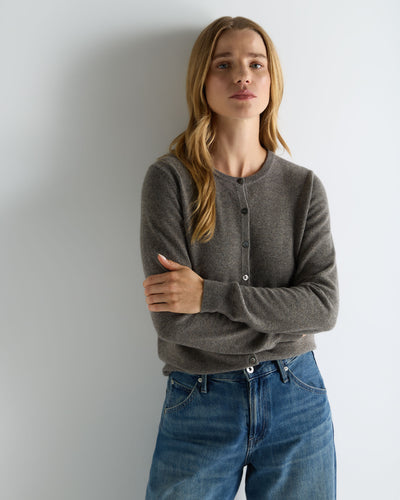 N.Peal Women's Olivia Round Neck Cashmere Cardigan Wood Smoke Brown