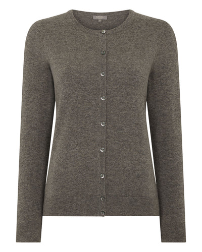 N.Peal Women's Olivia Round Neck Cashmere Cardigan Wood Smoke Brown