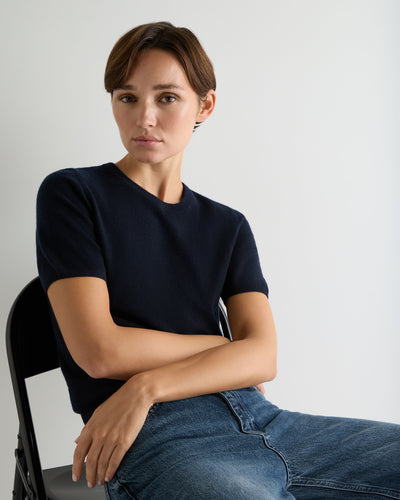 Women's Round Neck Cashmere T-Shirt Navy Blue