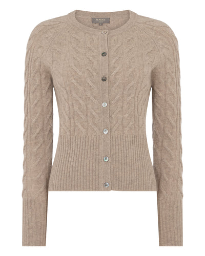 N.Peal Women's Myla Cable Cashmere Cardigan Oatmeal Brown