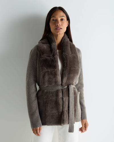 N.Peal Women's Ruby Herringbone Fur Cardigan Wood Smoke Brown