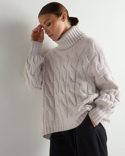 N.Peal Women's Hana Chunky Cable Roll Neck Cashmere Jumper Snow Grey