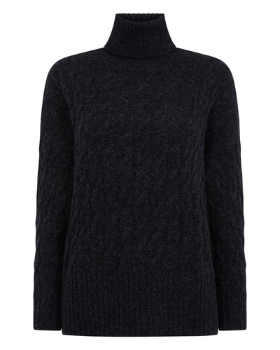 N.Peal Women's Emmie Relaxed Cable Roll Neck Cashmere Jumper Ink Blue Melange