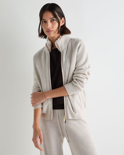 N.Peal Women's Honeycomb Full Zip Cashmere Jumper With Fur Trim Pebble Grey
