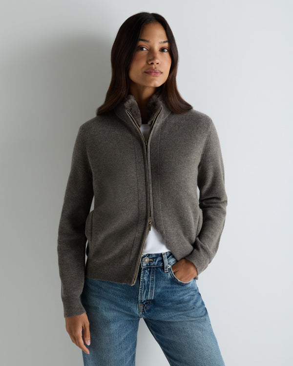 Women's Honeycomb Full Zip Cashmere Jumper With Fur Trim 1