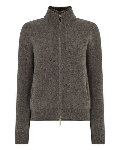 N.Peal Women's Honeycomb Full Zip Cashmere Jumper With Fur Trim Wood Smoke Brown