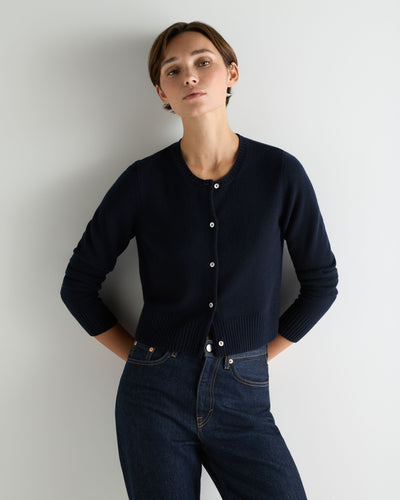 Women's Chunky Crop Cashmere Cardigan Navy Blue