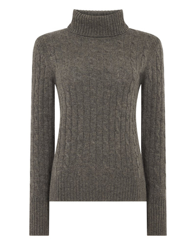 N.Peal Women's Adelyn Cable Roll Cashmere Jumper Wood Smoke Brown
