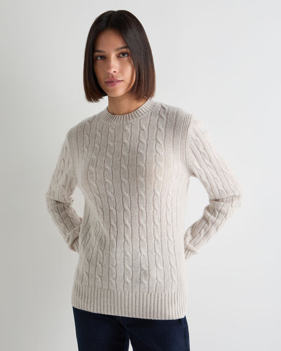 N.Peal Women's Adelyn Cable Round Neck Cashmere Jumper Pebble Grey