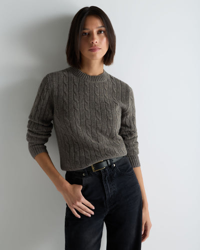 N.Peal Women's Adelyn Cable Round Neck Cashmere Jumper Wood Smoke Brown