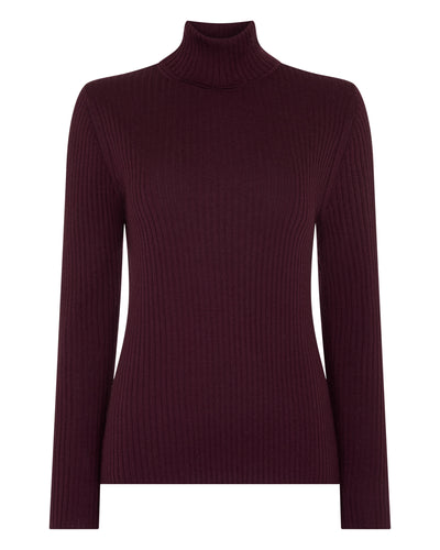 N.Peal Women's Superfine Cashmere Ribbed Roll Neck Jumper Damson Red