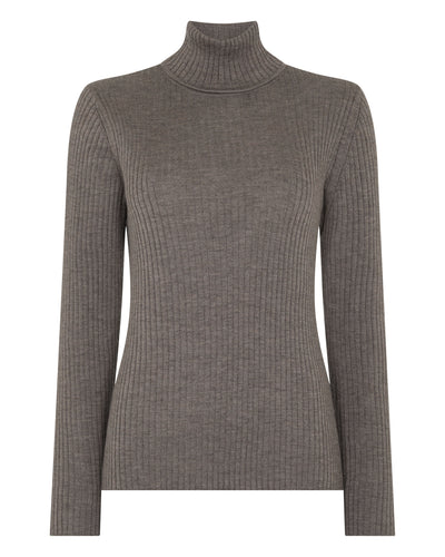 N.Peal Women's Superfine Cashmere Ribbed Roll Neck Jumper Pecan Brown
