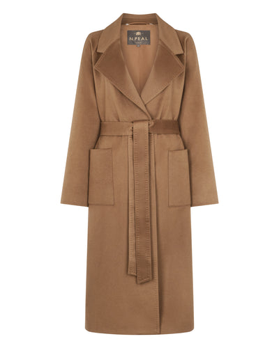 N.Peal Women's Longline City Coat With Fur Trim Camel Brown
