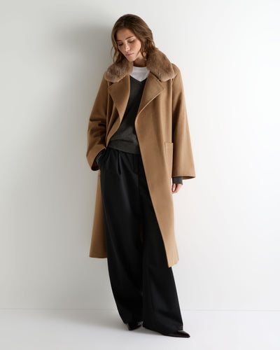 N.Peal Women's Longline City Coat With Fur Trim Camel Brown