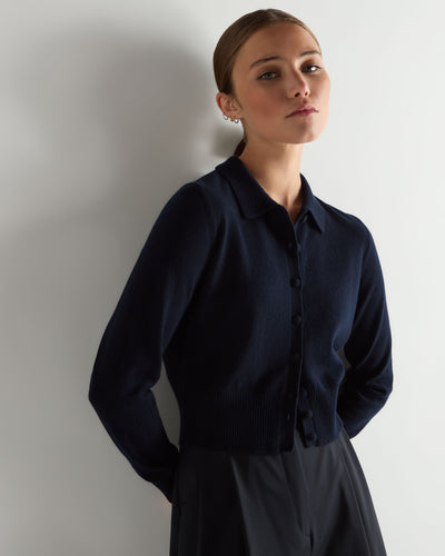 N.Peal Women's Thea Collared Cashmere Cardigan Navy Blue