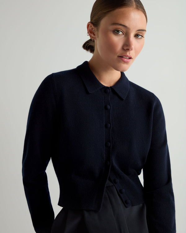 N.Peal Women's Thea Collared Cashmere Cardigan Navy Blue