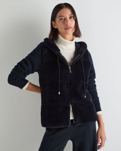 N.Peal Women's Honeycomb Fur Trim Cashmere Hoodie Navy Blue