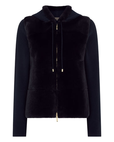 N.Peal Women's Honeycomb Fur Trim Cashmere Hoodie Navy Blue