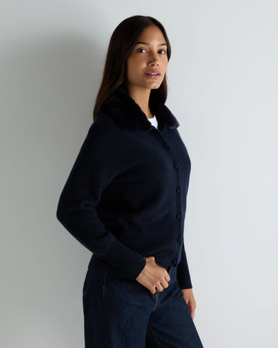 N.Peal Women's Honeycomb Fur Trim Cashmere Cardigan Navy Blue