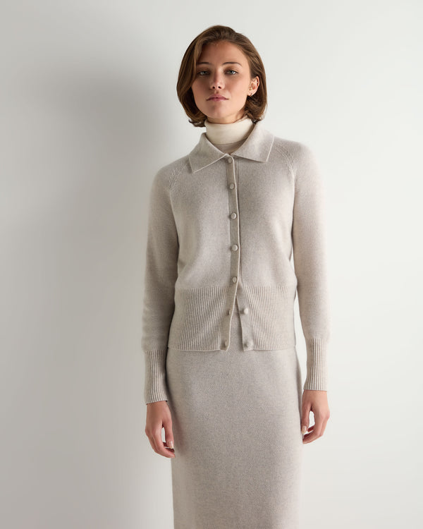 N.Peal Women's Honeycomb Fur Trim Cashmere Cardigan Pebble Grey