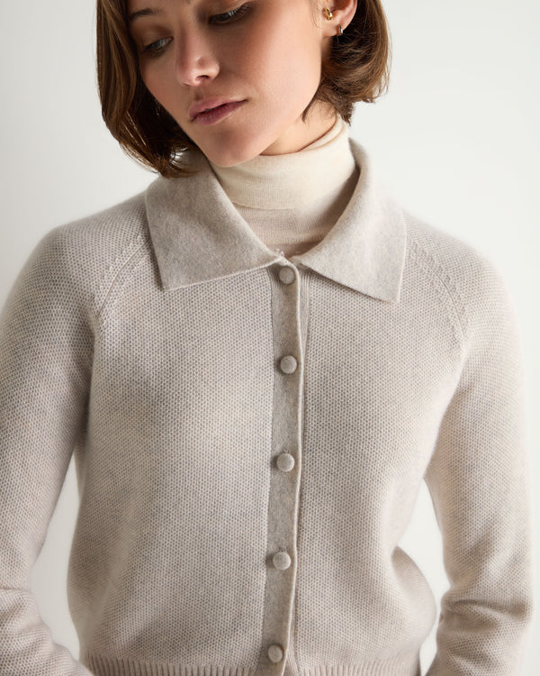 N.Peal Women's Honeycomb Fur Trim Cashmere Cardigan Pebble Grey