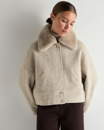 N.Peal Women's Herringbone Jacket With Rex Fur Collar Beige Brown