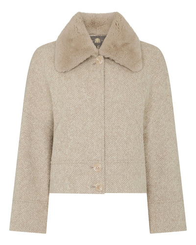 N.Peal Women's Herringbone Jacket With Rex Fur Collar Beige Brown