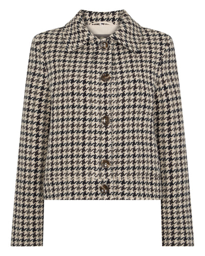 N.Peal Women's Icon Dogtooth City Jacket With Fur Collar Beige Brown Dogtooth