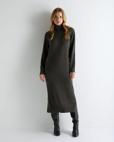 N.Peal Women's Roll Neck Cashmere Jumper Dress Grey Moss