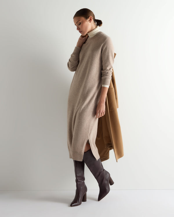N.Peal Women's Round Neck Cashmere Jumper Dress Oatmeal Brown