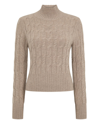 N.Peal Women's Cable Knit Funnel Neck Cashmere Jumper Oatmeal Brown