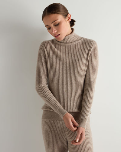N.Peal Women's Roll Neck Cashmere Jumper Oatmeal Brown