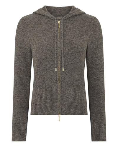 N.Peal Women's Honeycomb Zipper Cashmere Hoodie Wood Smoke Brown