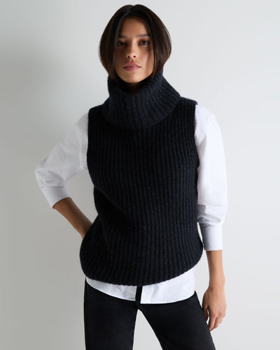 N.Peal Women's Ribbed Sleeveless Turtle Neck Cashmere Jumper Ink Blue Melange