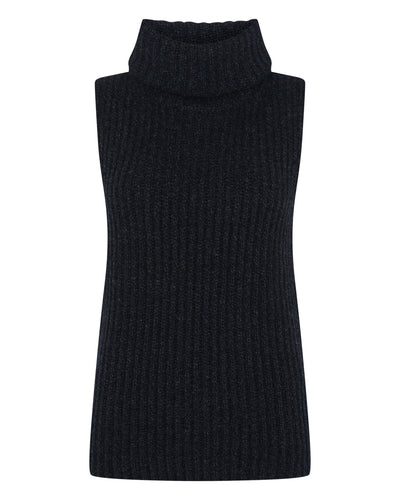 N.Peal Women's Ribbed Sleeveless Turtle Neck Cashmere Jumper Ink Blue Melange