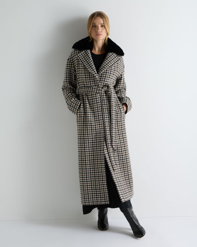 N.Peal Women's Icon Dogtooth City Coat With Fur Collar Beige Brown Dogtooth