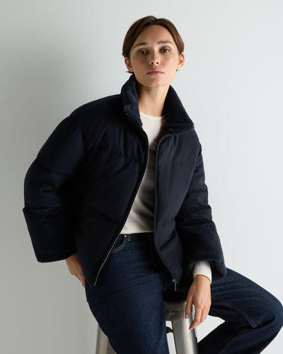 N.Peal Women's Fur Cuff Padded Cashmere Jacket Navy Blue